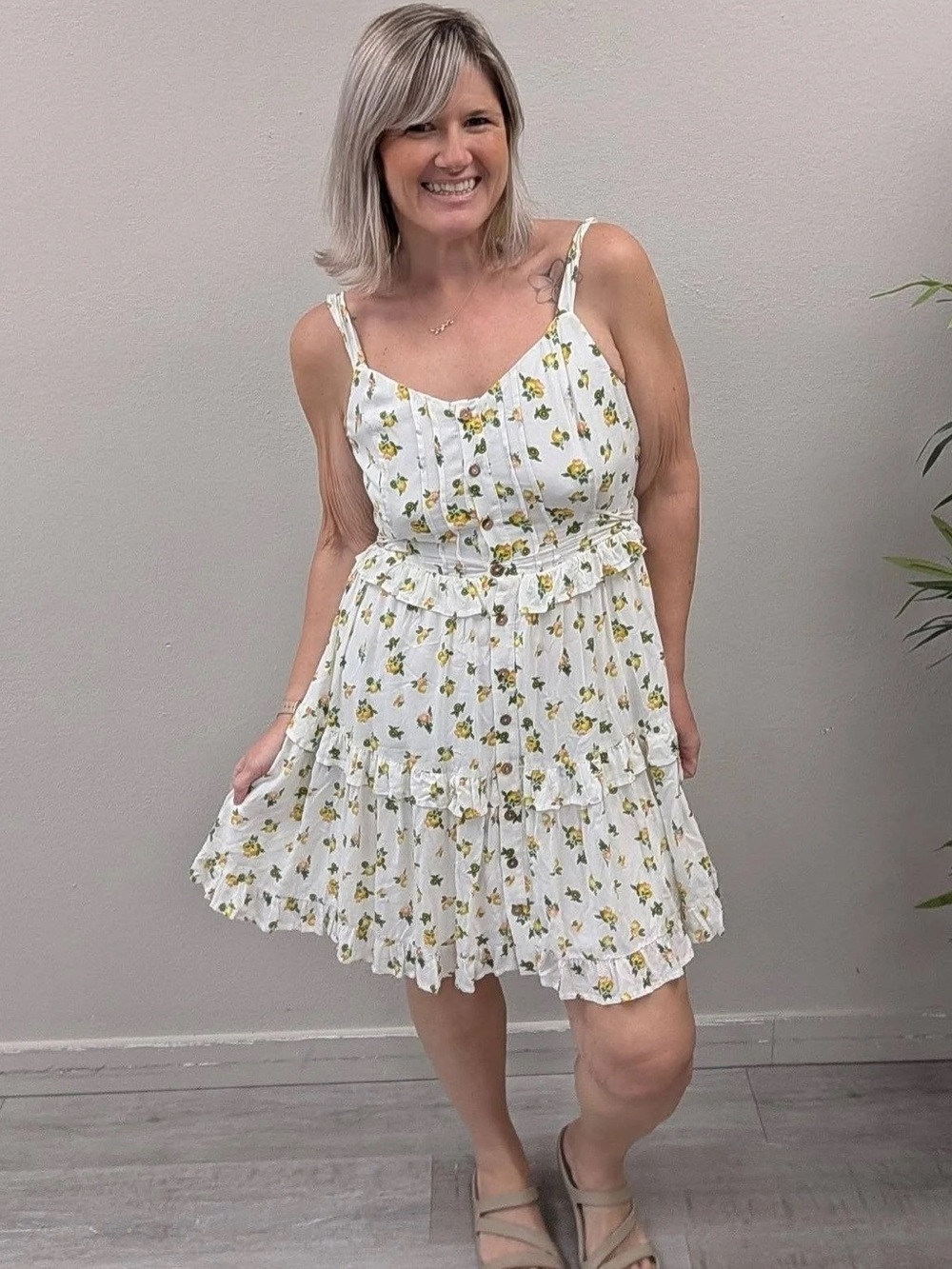 Altar'd State White Citrus Floral Ruffle Mini Dress - Size Large
